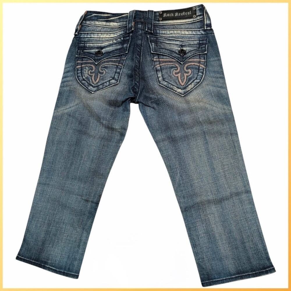 New ROCK REVIVAL Capri Jeans Dark Wash Fleur de Lis Flap Pockets Women's 26